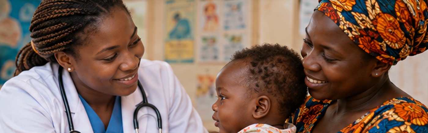 Healthcare professional engaging a mother and child